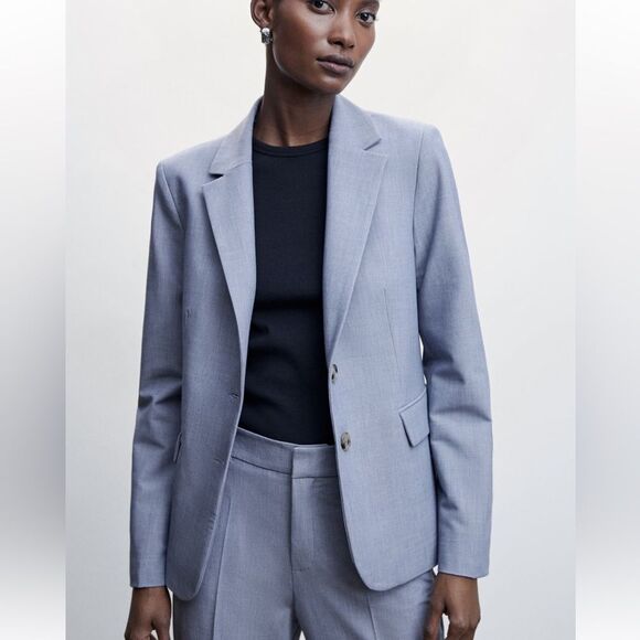 Mango Blue Peak Lapel Two Button Linen Blend Blazer | Size 4 - Picture 2 of 11